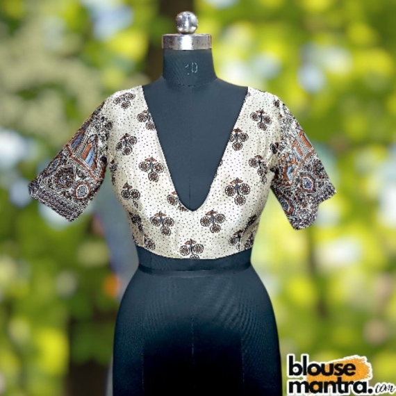 White Modal Ajrakh | Front Celeb Cut | Back Oval Cut Glass Sleeve