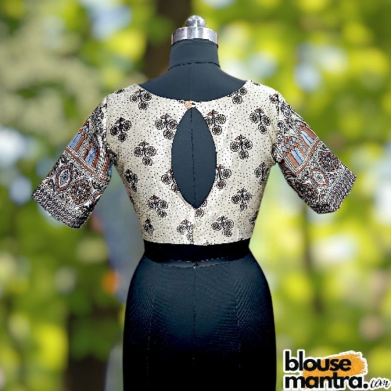 White Modal Ajrakh | Front Celeb Cut | Back Oval Cut Glass Sleeve