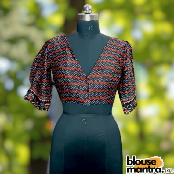  Red & Blue Modal Ajrakh | Zigzag Print | Both Side V Neck Puff Sleeve