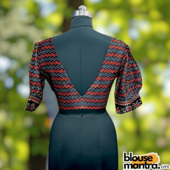 Red & Blue Modal Ajrakh | Zigzag Print | Both Side V Neck Puff Sleeve