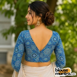 Blue & Lime Modal Ajrakh | Front Square neck | back V Neck Full Sleeve