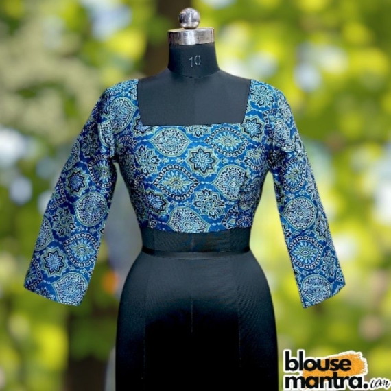 Blue & Lime Modal Ajrakh | Front Square neck | back V Neck Full Sleeve