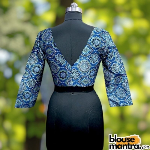 Blue & Lime Modal Ajrakh | Front Square neck | back V Neck Full Sleeve