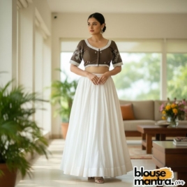 Coffee Jamdani |Front Dome Neck | Back Round Neck Glass Sleeve