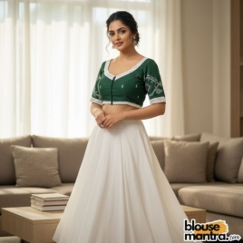Bottle Green Jamdani |Front Dome Neck | Back Round Neck Glass Sleeve