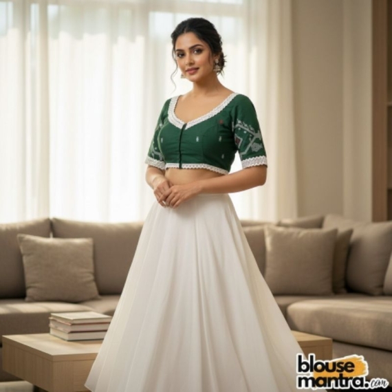 Bottle Green Jamdani |Front Dome Neck | Back Round Neck Glass Sleeve