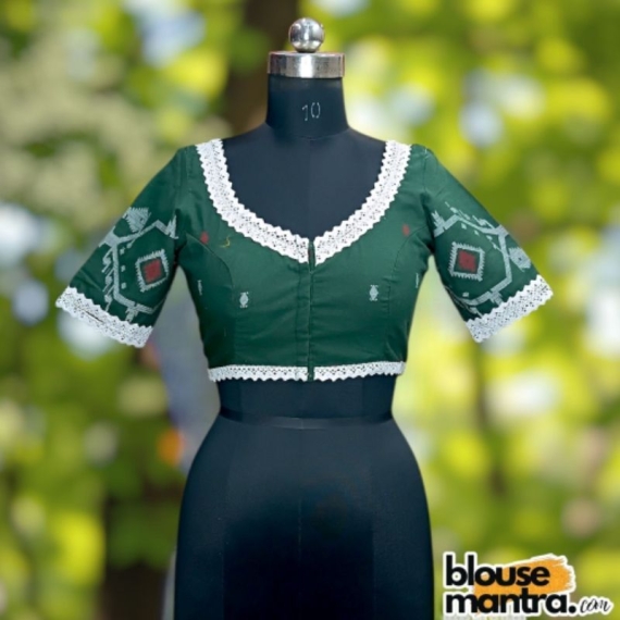 Bottle Green Jamdani |Front Dome Neck | Back Round Neck Glass Sleeve