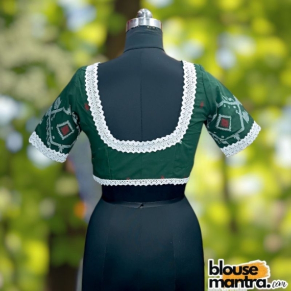Bottle Green Jamdani |Front Dome Neck | Back Round Neck Glass Sleeve