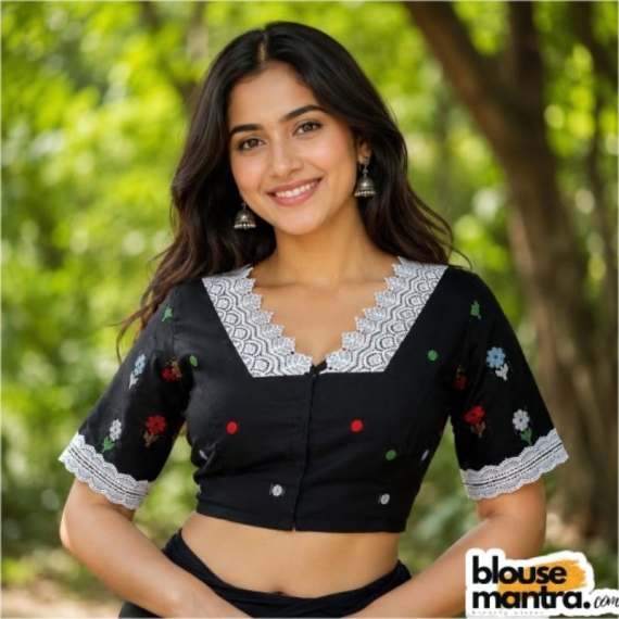  Black Jamdani | Multi colour weaving | Big White Lace Atttached | Front V Neck Glass Sleeve