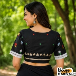  Black Jamdani | Multi colour weaving | Big White Lace Atttached | Front V Neck Glass Sleeve