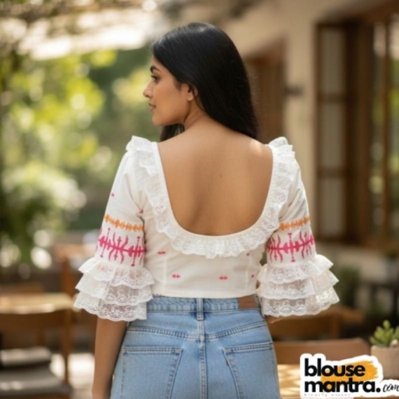 White Embroidery Jamdani | Net lace around the neck & sleeves Glass Sleeve