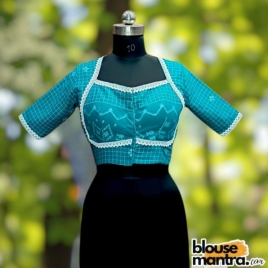 Sea Green Check Jamdani | Choli cut Glass Sleeve