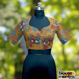 Blackish Yellow Kalamkari | Front Sweetheart Neck | Back Boat neck Glass Sleeve