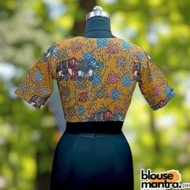 Blackish Yellow Kalamkari | Front Sweetheart Neck | Back Boat neck Glass Sleeve