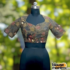 Greyish Green Kalamkari | Front Sweetheart Neck | Back Boat neck Glass Sleeve