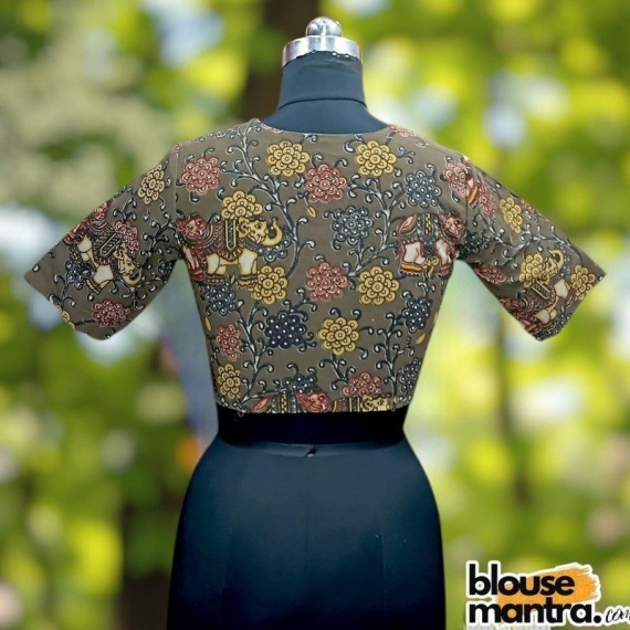 Greyish Green Kalamkari | Front Sweetheart Neck | Back Boat neck Glass Sleeve