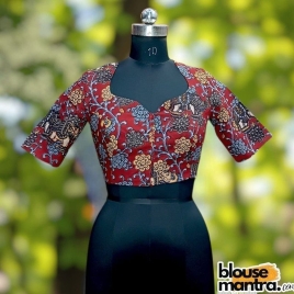 Cherry Red Kalamkari | Front Sweetheart Neck | Back Boat neck Glass Sleeve