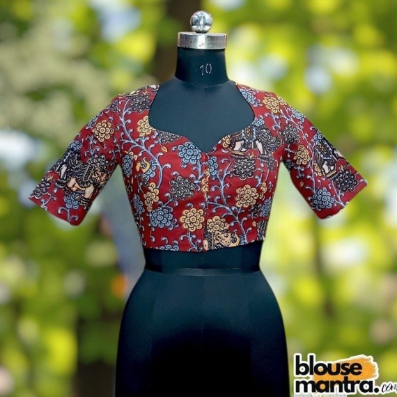 Cherry Red Kalamkari | Front Sweetheart Neck | Back Boat neck Glass Sleeve