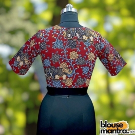 Cherry Red Kalamkari | Front Sweetheart Neck | Back Boat neck Glass Sleeve