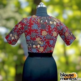 Cherry Red Kalamkari | Front Sweetheart Neck | Back Boat neck Glass Sleeve