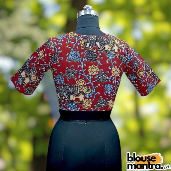 Cherry Red Kalamkari | Front Sweetheart Neck | Back Boat neck Glass Sleeve