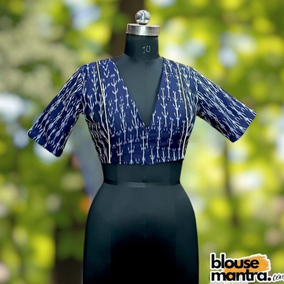 Navy Blue Ikkat | Front V Neck | Back Boat Neck | white Pipiing Glass Sleeve