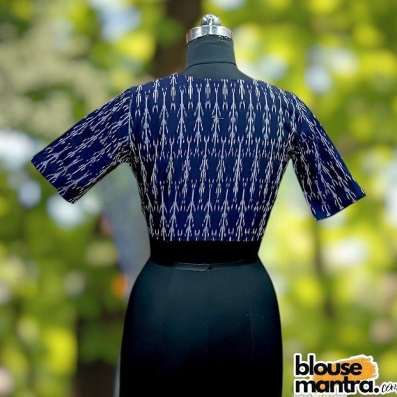 Navy Blue Ikkat | Front V Neck | Back Boat Neck | white Pipiing Glass Sleeve