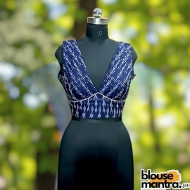  Navy Blue Ikkat | Celeb Cut | White Piping with Elit Cut Sleeveless