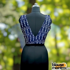  Navy Blue Ikkat | Celeb Cut | White Piping with Elit Cut Sleeveless