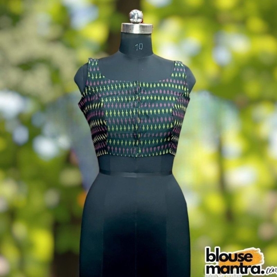 Blackish Green Ikkat | Front Square Neck | Back Boat Neck Sleeveless