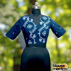 Navy Blue Jamdani | Front V Cut | Back Boat Neck | Paar On chest Glass Sleeve