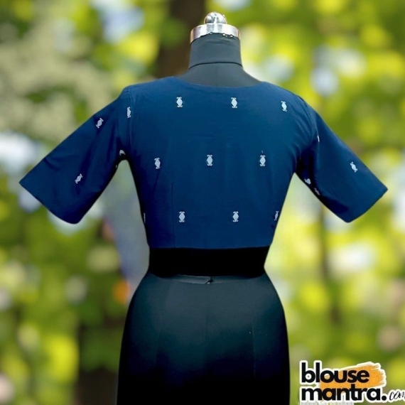 Navy Blue Jamdani | Front V Cut | Back Boat Neck | Paar On chest Glass Sleeve