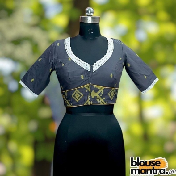 Dark Grey Jamdani | Front U Neck | Paar On Elit | Lace Attached Glass Sleeve