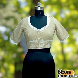  Beige With White Jamdani | Front U Neck | Paar On Elit | Lace Attached Glass Sleeve