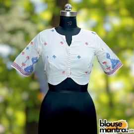  White Jamdani | Blue & Red | Front V Cut | Back Boat Neck | Front Potli Glass Sleeve