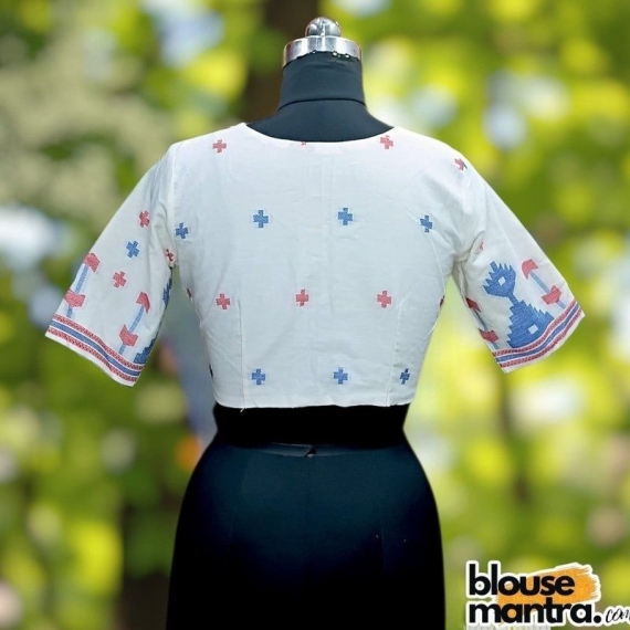  White Jamdani | Blue & Red | Front V Cut | Back Boat Neck | Front Potli Glass Sleeve