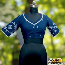 Navy Blue Jamdani | Front V neck | Back Boat Neck |Round Lace Attached Glass Sleeve