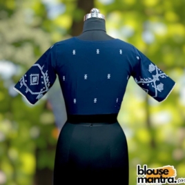 Navy Blue Jamdani | Front V neck | Back Boat Neck |Round Lace Attached Glass Sleeve