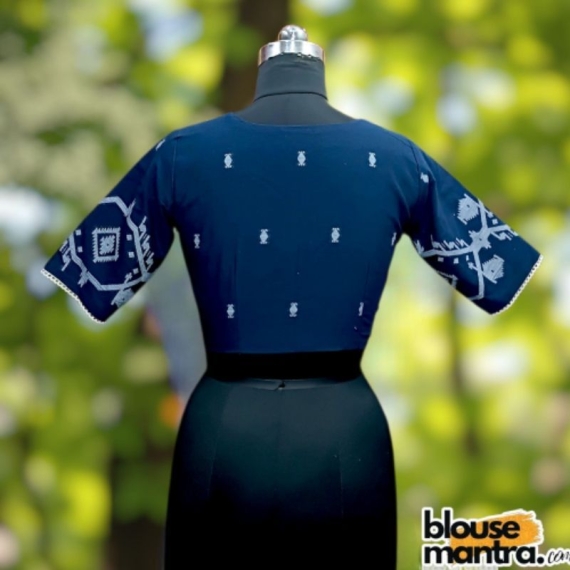 Navy Blue Jamdani | Front V neck | Back Boat Neck |Round Lace Attached Glass Sleeve