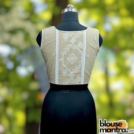 Beige With White Jamdani | Front Round Neck | Back Boat Neck | Paar On Back | Lace Attached Sleeveless