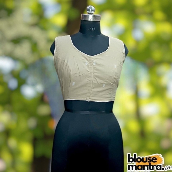 Beige With White Jamdani | Front Round Neck | Back Boat Neck | Paar On Back | Lace Attached Sleeveless