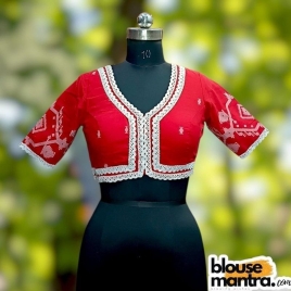  Red Jamdani | Front V Neck | Semi Back Less With Latkan | Lace Attached Glass Sleeve
