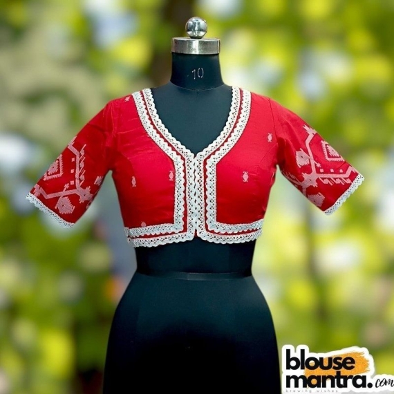  Red Jamdani | Front V Neck | Semi Back Less With Latkan | Lace Attached Glass Sleeve