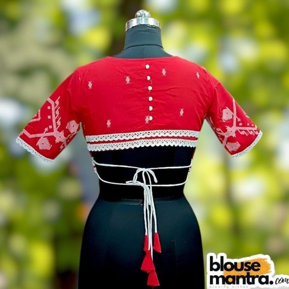  Red Jamdani | Front V Neck | Semi Back Less With Latkan | Lace Attached Glass Sleeve