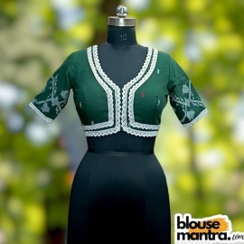 Bottle Green Jamdani | Front V Neck | Semi Back Less With Latkan | Lace Attached Glass Sleeve