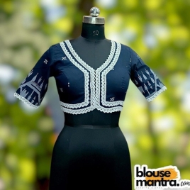  Navy Blue Jamdani | Front V Neck | Semi Back Less With Latkan | Lace Attached Glass Sleeve