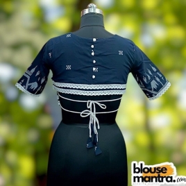  Navy Blue Jamdani | Front V Neck | Semi Back Less With Latkan | Lace Attached Glass Sleeve