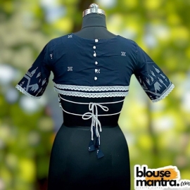  Navy Blue Jamdani | Front V Neck | Semi Back Less With Latkan | Lace Attached Glass Sleeve