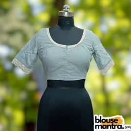 Grey Jamdani | Round Neck | Lace Attached Glass Sleeve