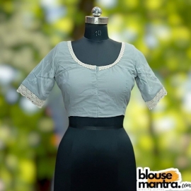 Grey Jamdani | Round Neck | Lace Attached Glass Sleeve